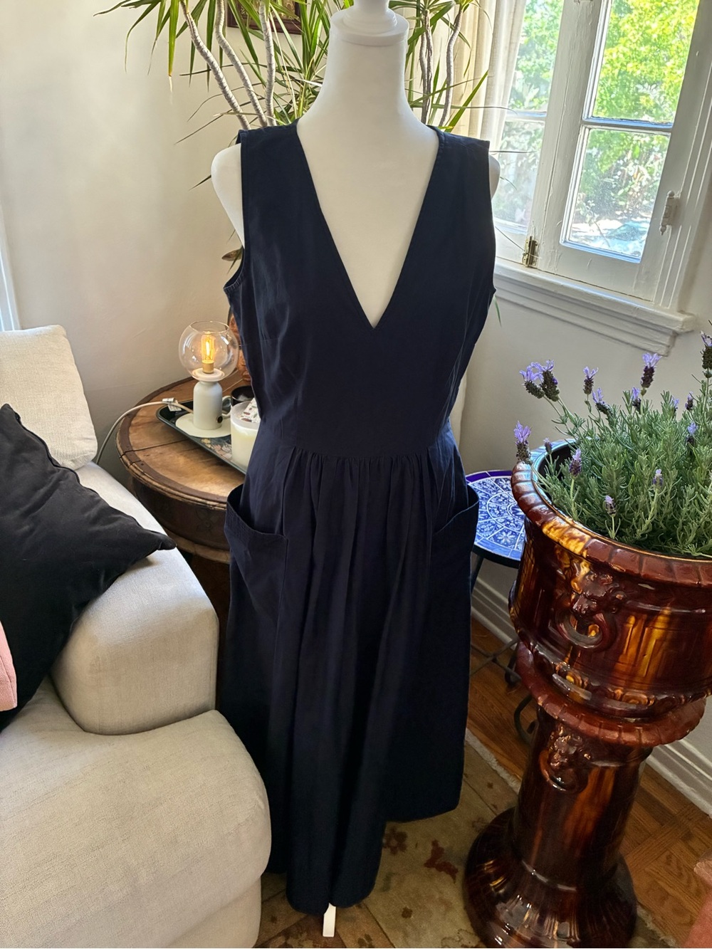 Designer Co cotton Sleeveless Deep V Navy Blue Midi Dress with Pockets